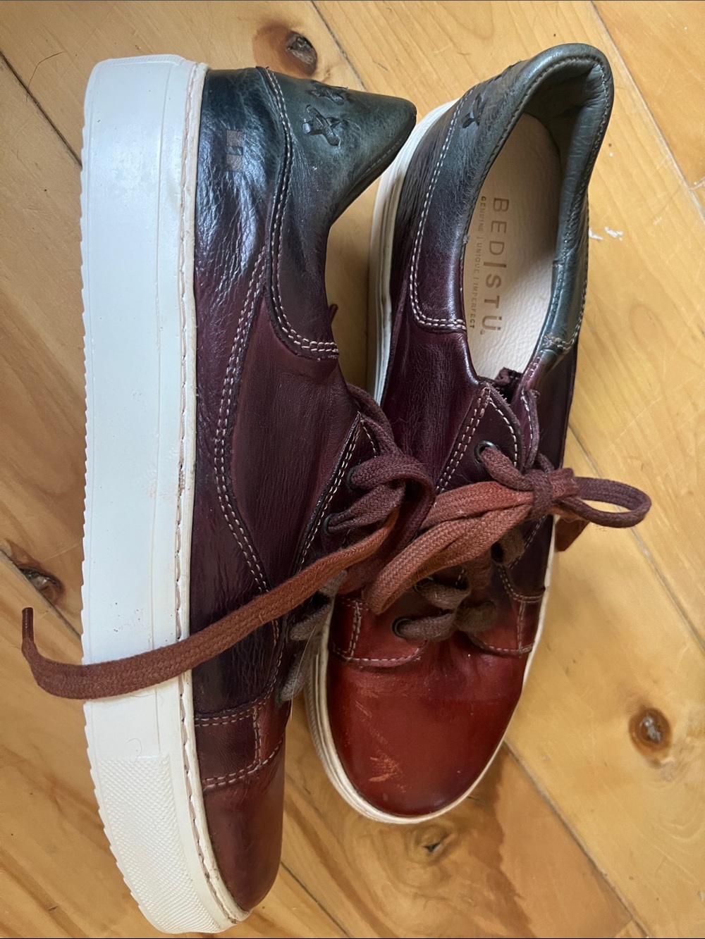 BED|STU Women’s Burgundy Leather Lace-Up Sneakers - Picture 2 of 3